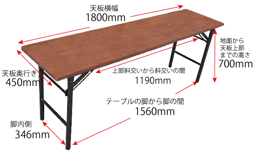 長テーブル1845各部位のサイズ